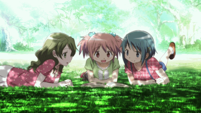madoka, sayaka and hitomi sitting in grass gif
